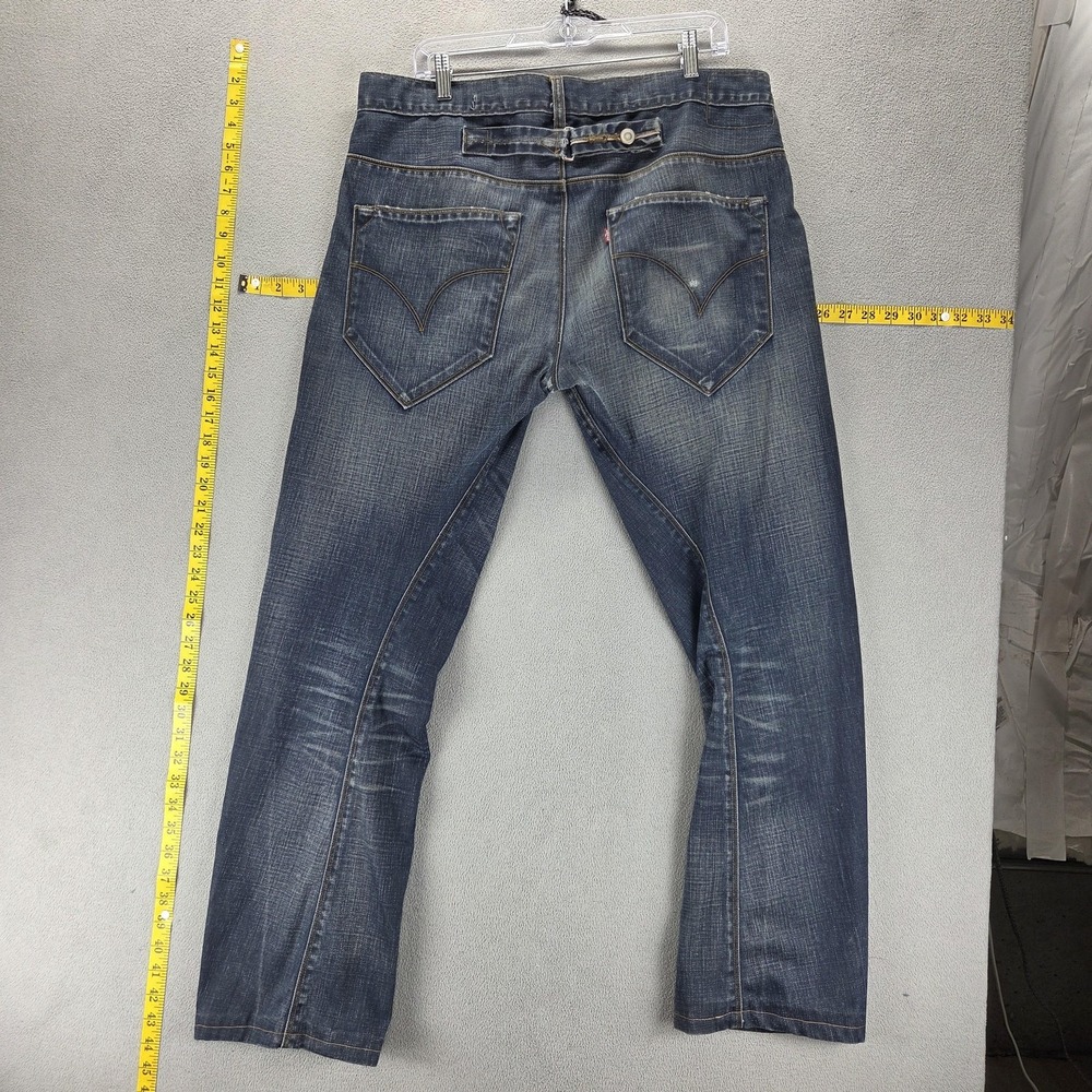 VTG Levis Engineered Jeans Mens Blue Buckle Back Twisted Altered Hem Fits 36x30‎